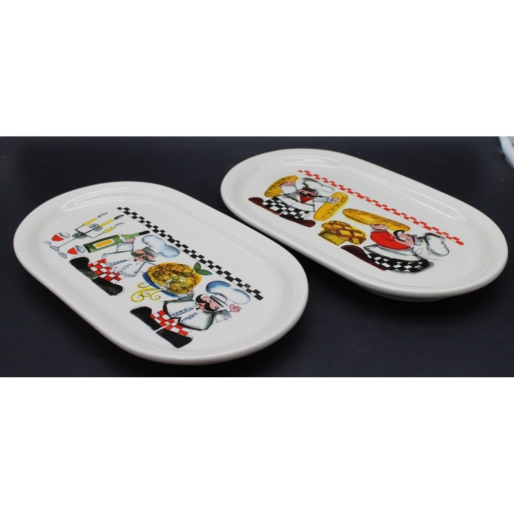 Set of 2 Vintage Chef Serving Platters 11" x 6.5" Ceramic Oval Trays